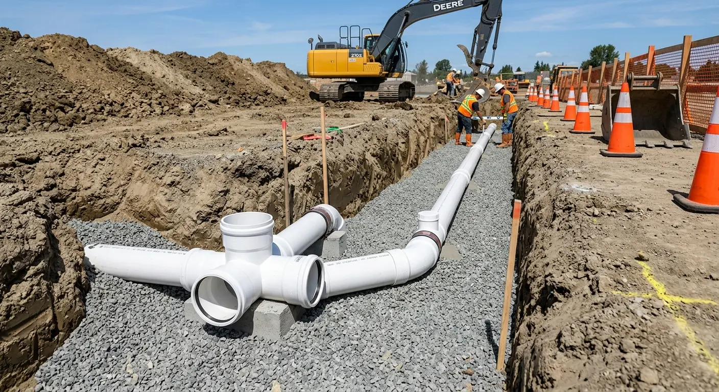 New PVC sewer pipe installation in open trench for Commercial Drain Cleaning in Crozet