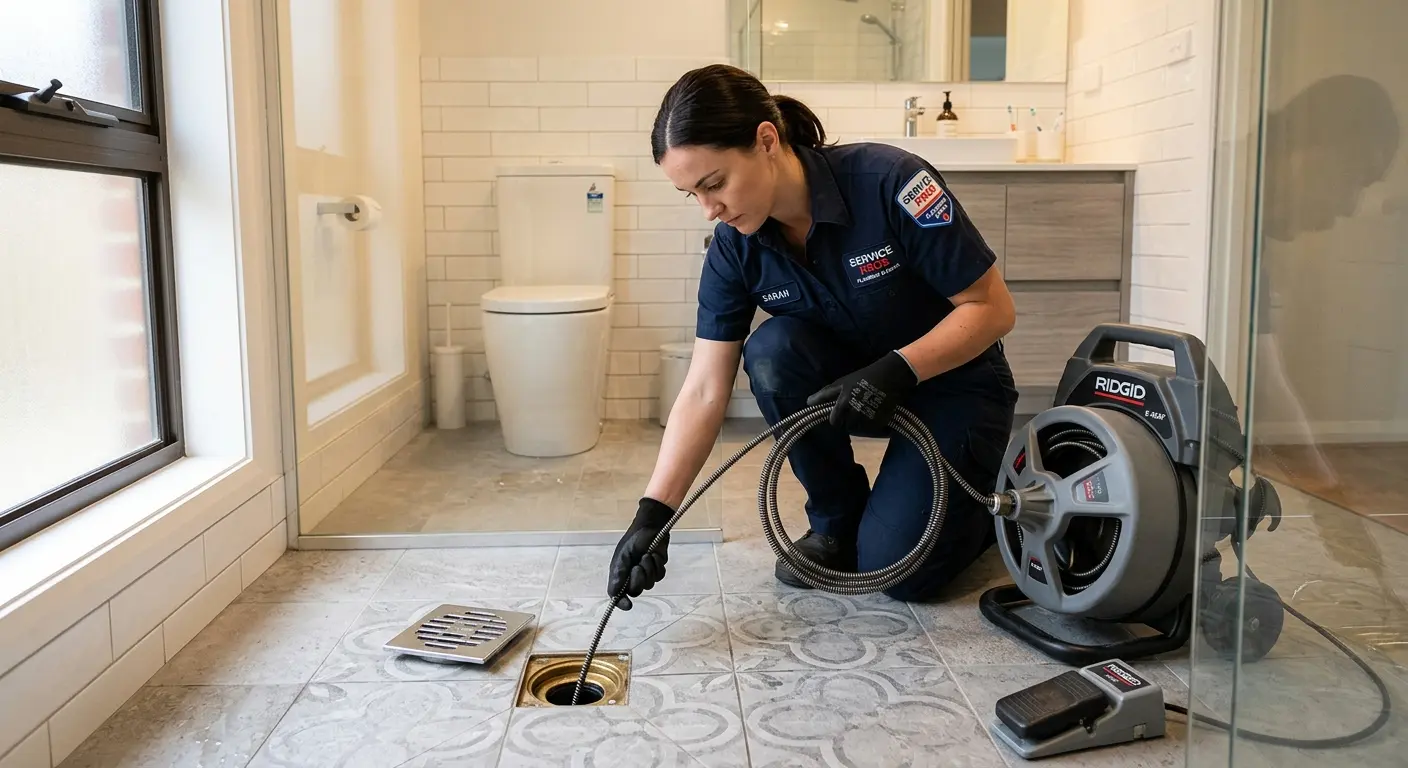Technician clearing a bathroom floor drain for Drain Cleaning in Crozet
